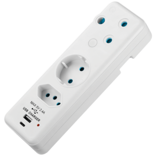 Ellies 3-Way Schuko Adaptor with Type-C + USB - White
