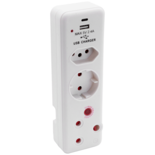 Ellies  3 Way Medium Surge adaptor Schuko,with type C + USB