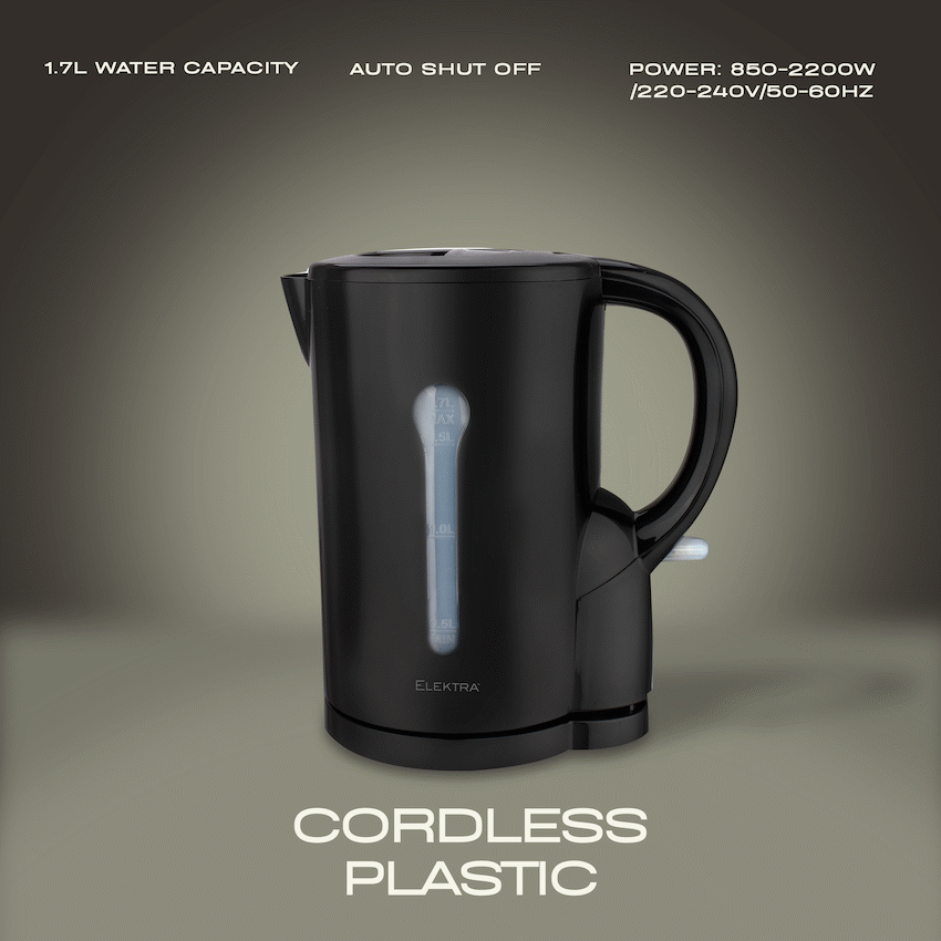Elektra 1.7l Plastic Cordless Kettle - Black - Image 2