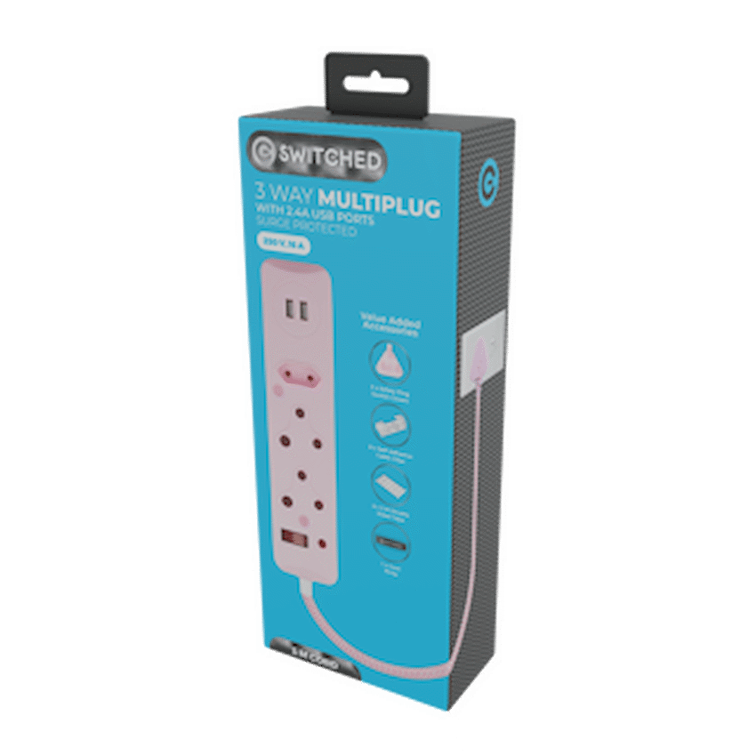 Switched 3-Way Surge-Protected Multiplug with Dual 2.4a USB Ports 3m Braided Cord - Image 3