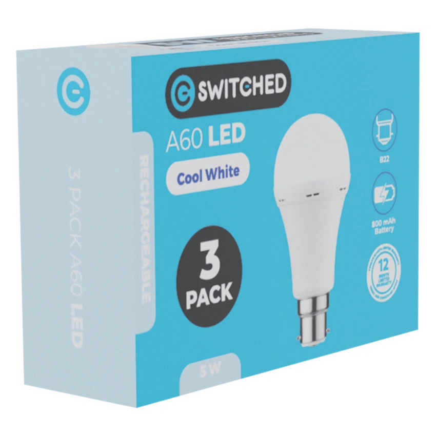 Switched 5w A60 Rechargeable B22 LED Light Bulb CW - 3 Pack - Image 3