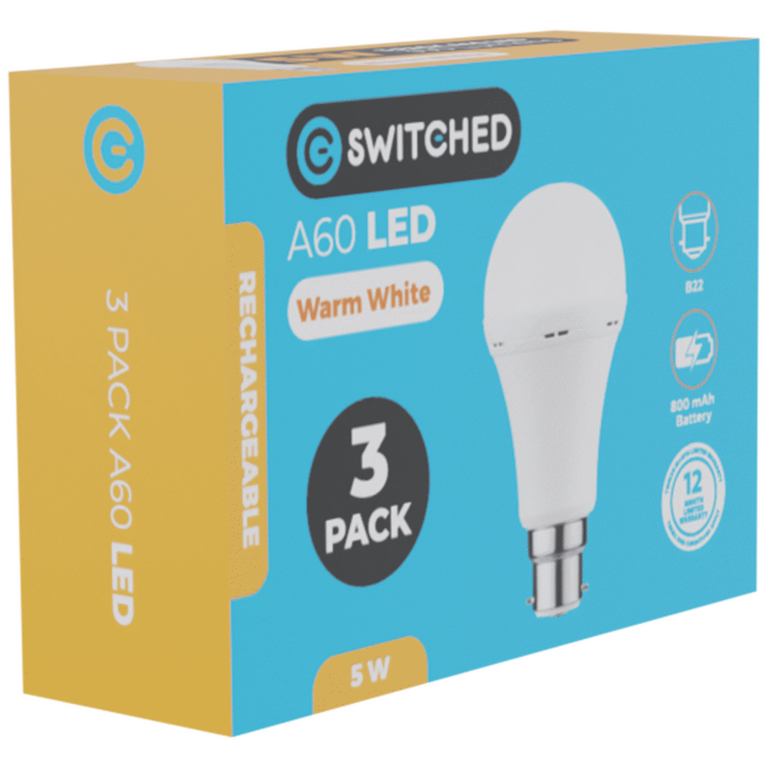 Switched 5w A60 Rechargeable B22 LED Light Bulb - WW - 3 Pack - Image 3