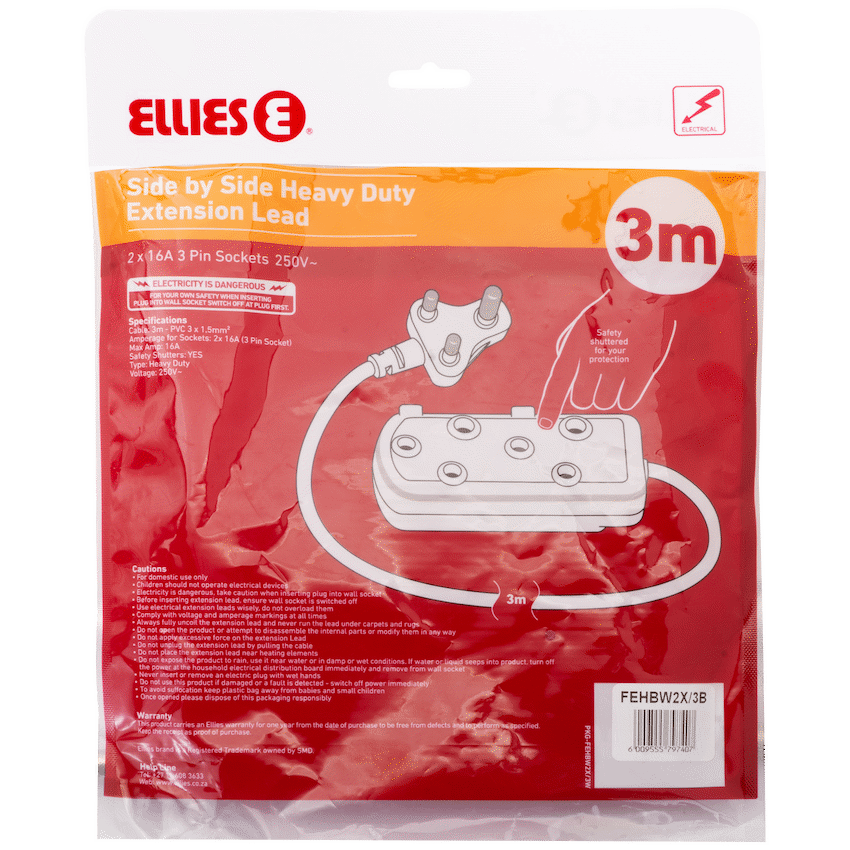 Ellies Side-by-Side Heavy-Duty Extension Lead - 3m - Black - Image 4