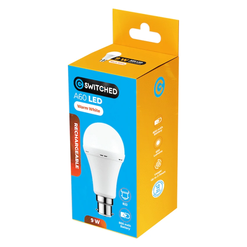Switched 9w A60 Rechargeable LED Light Bulb - B22 - Warm White - Image 5