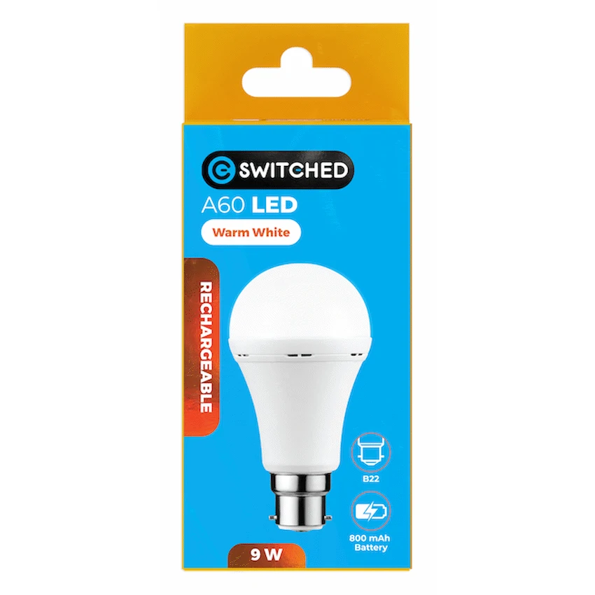 Switched 9w A60 Rechargeable LED Light Bulb - B22 - Warm White - Image 6
