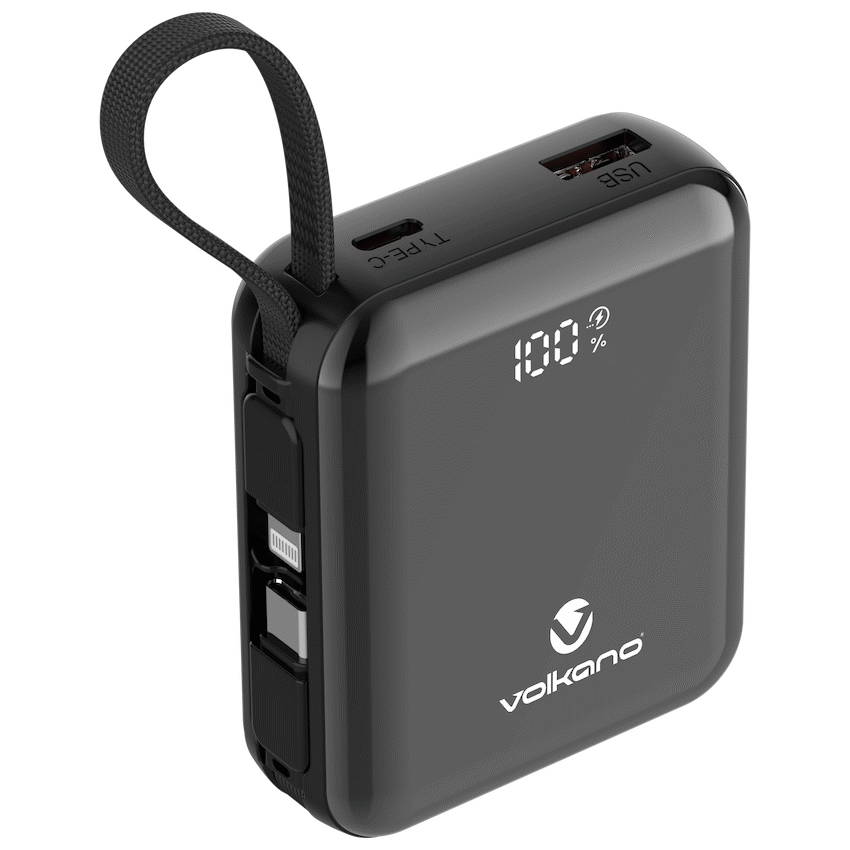 Volkano Solace Series 10 000 mAh Power Bank with Built-in USB-C & Lightning Cable - Black
