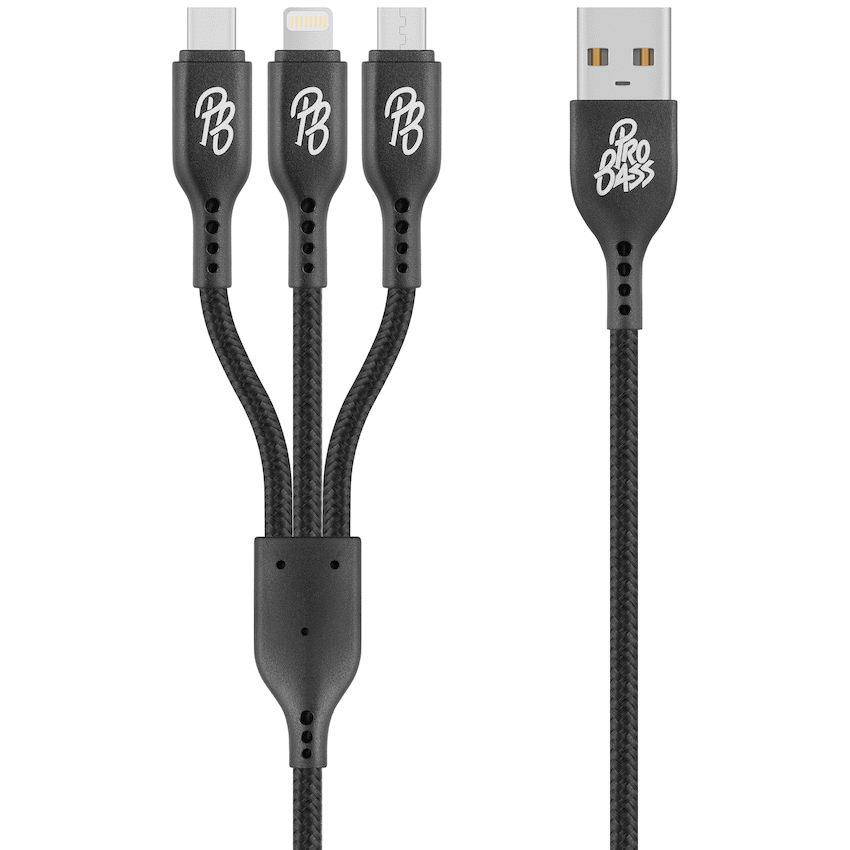 Pro Bass Braided 3-in-1 Charge Cable 1m - Black - Image 2