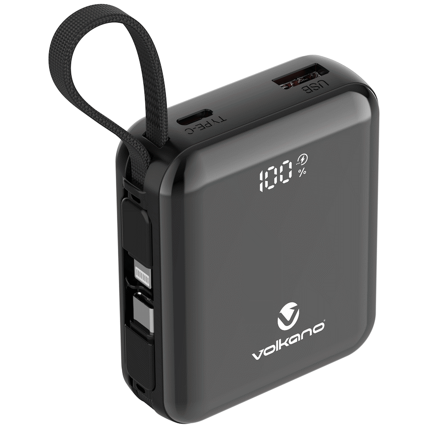 Volkano Solace Series 10 000 mAh Power Bank with Built-in USB-C & Lightning Cable - Black - Image 2
