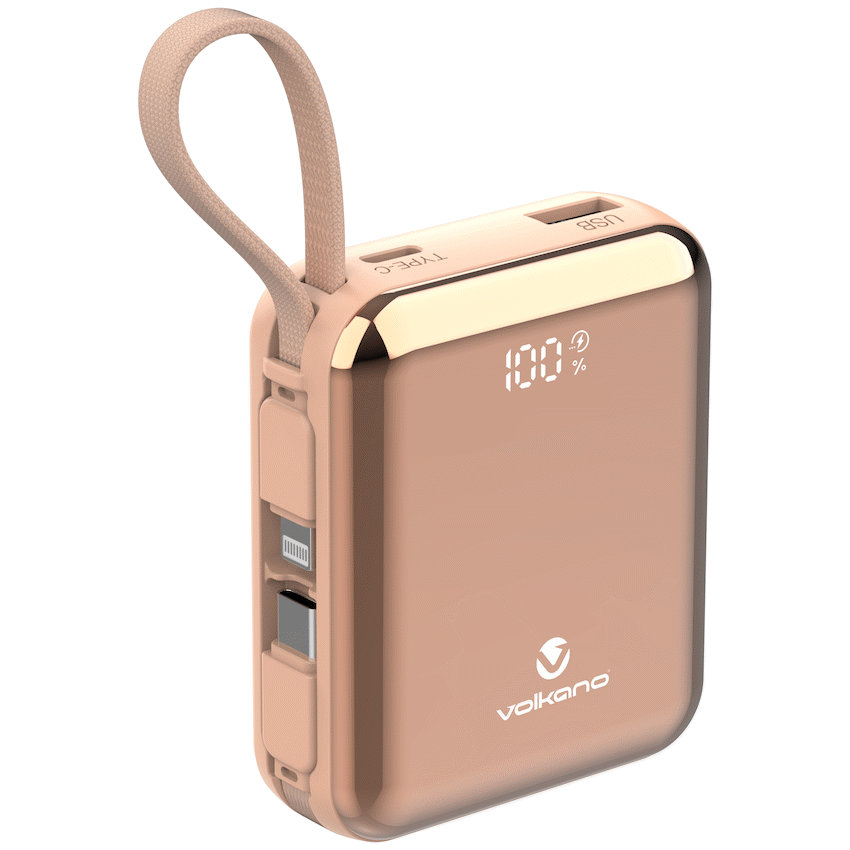 Volkano Solace Series 10 000 mAh Power Bank with Built-in USB-C & Lightning Cable - Pink & Rose Gold - Image 2