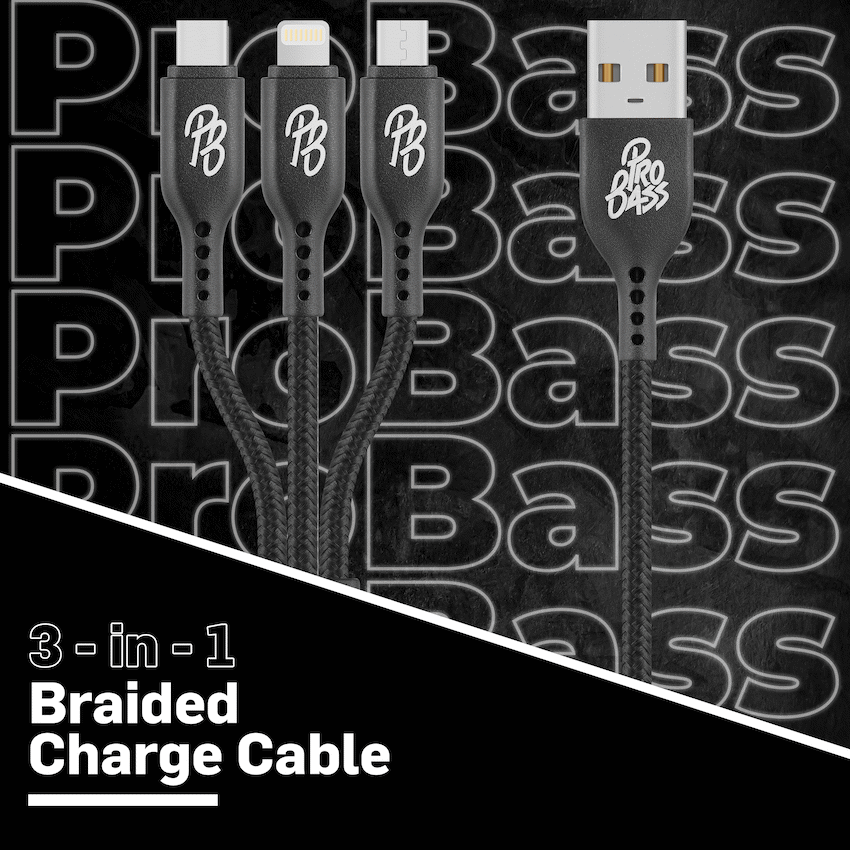 Pro Bass Braided 3-in-1 Charge Cable 1m - Black - Image 3