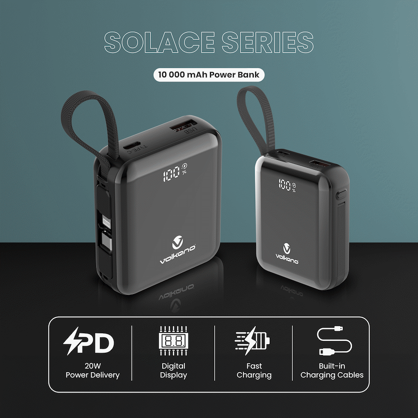 Volkano Solace Series 10 000 mAh Power Bank with Built-in USB-C & Lightning Cable - Black - Image 3