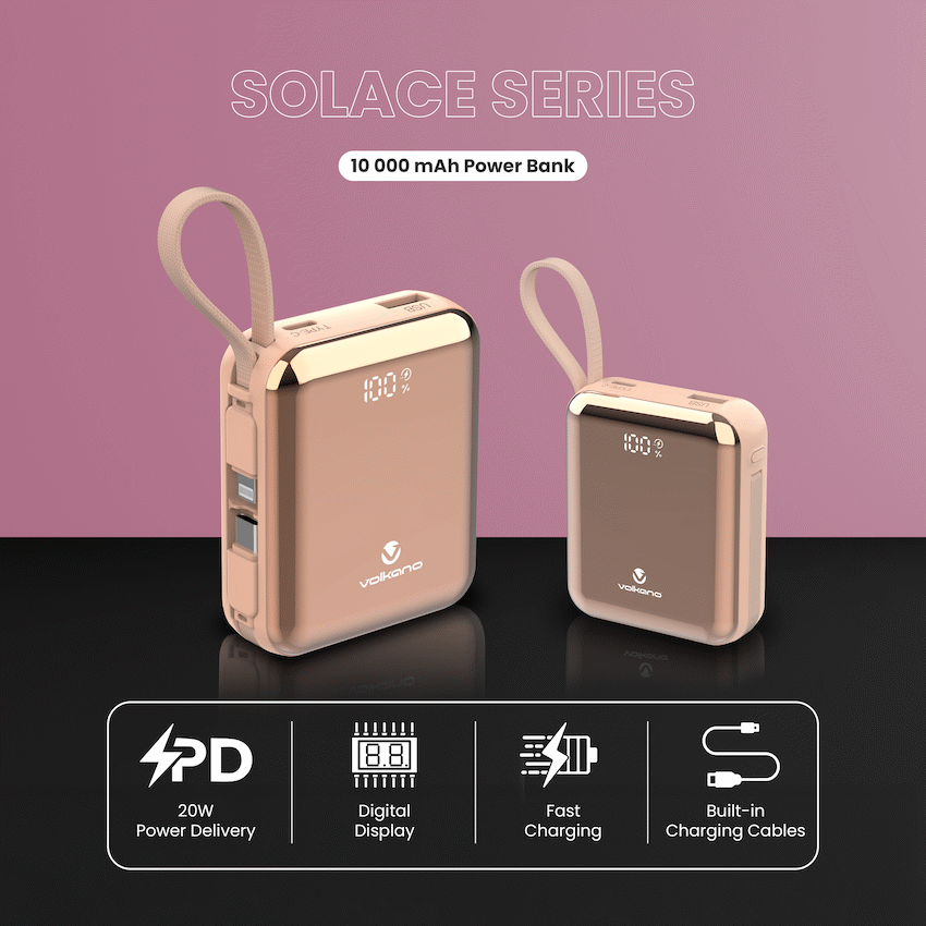 Volkano Solace Series 10 000 mAh Power Bank with Built-in USB-C & Lightning Cable - Pink & Rose Gold - Image 3