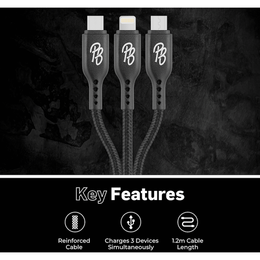 Pro Bass Braided 3-in-1 Charge Cable 1m - Black - Image 4