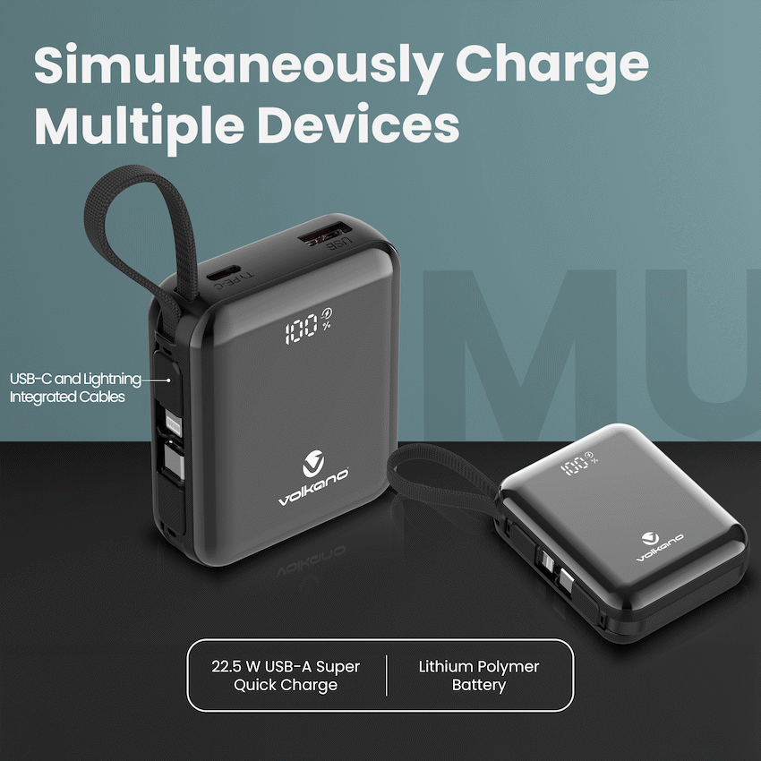 Volkano Solace Series 10 000 mAh Power Bank with Built-in USB-C & Lightning Cable - Black - Image 4