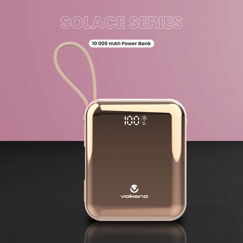 Volkano Solace Series 10 000 mAh Power Bank with Built-in USB-C & Lightning Cable - Pink & Rose Gold - Image 4