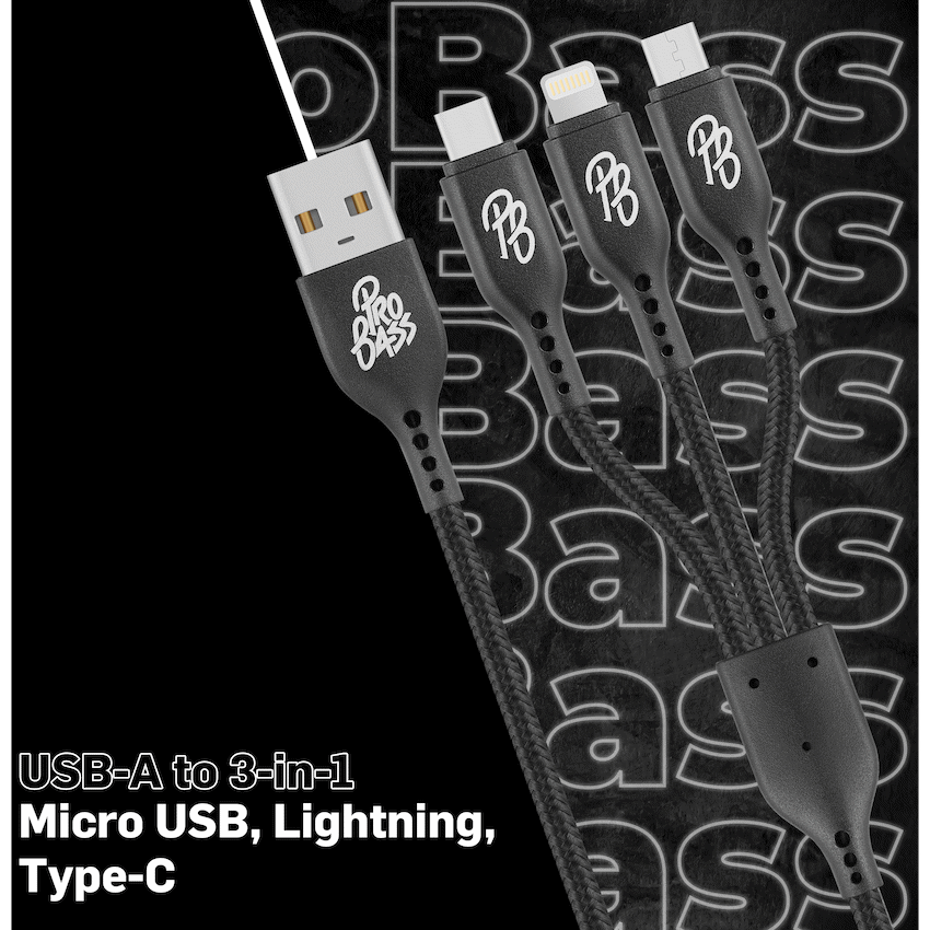 Pro Bass Braided 3-in-1 Charge Cable 1m - Black - Image 5