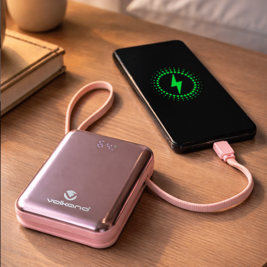 Volkano Solace Series 10 000 mAh Power Bank with Built-in USB-C & Lightning Cable - Pink & Rose Gold - Image 6