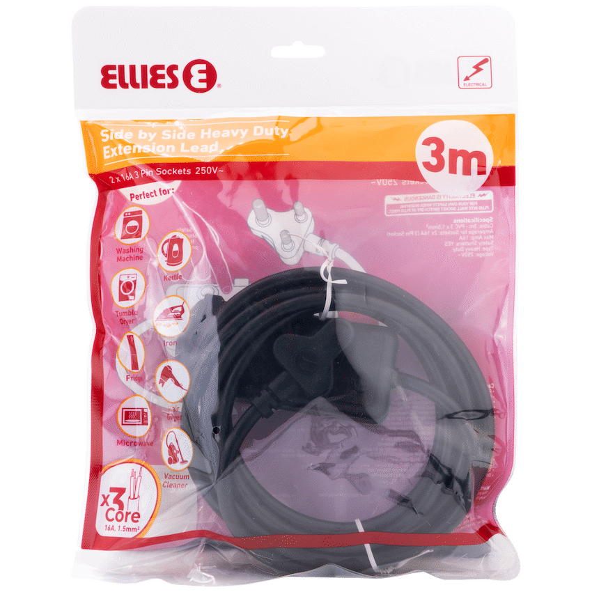 Ellies Side-by-Side Heavy-Duty Extension Lead - 3m - Black - Image 9